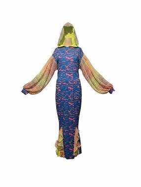 Psychedelic Print Hooded Mesh Sleeve Maxi Dress